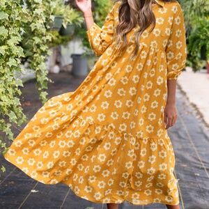 B187 Yellow/Orange Flower Print Bracelet Sleeve Buttons Collared Maxi Dress